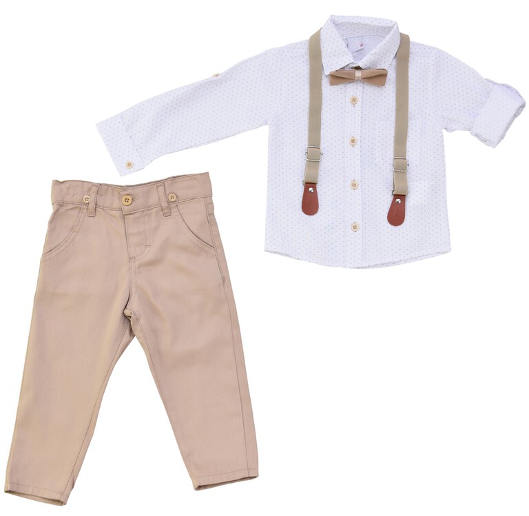 Elegancki beżowy komplet dla chłopca z muszką spodnie koszula (1)