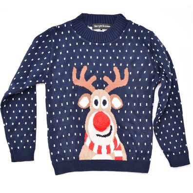 Granatowy sweter świąteczny dla dziecka z zabawnym reniferem nos 3D 