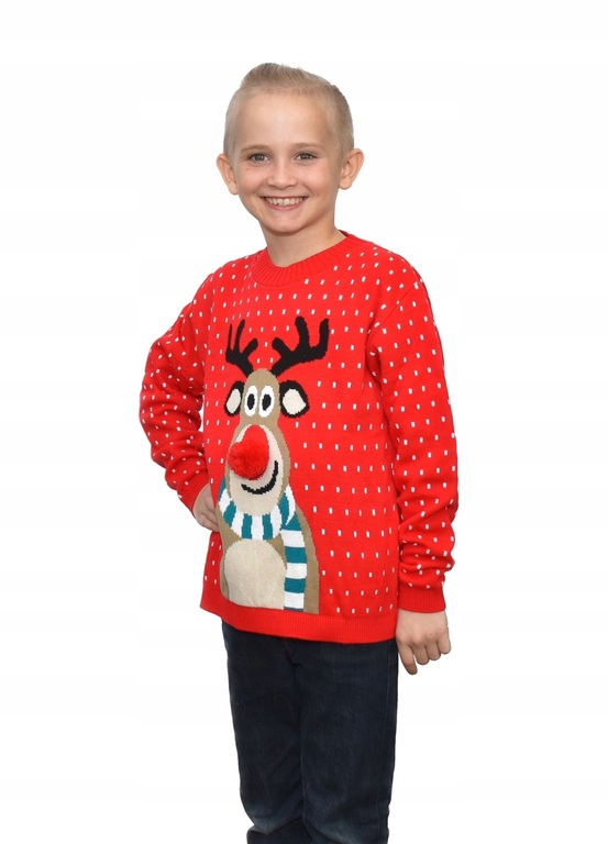 Czerwony sweter świąteczny dla dziecka z zabawnym reniferem nos 3D  (6)