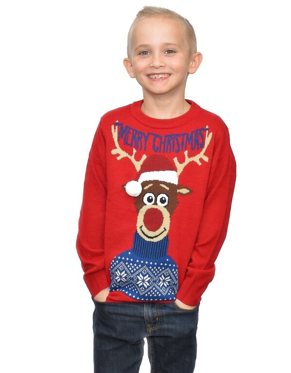 Chłopięcy sweter świąteczny renifer w czapce - czerwony (2)