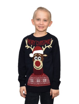 Chłopięcy sweter świąteczny renifer w czapce - granatowy