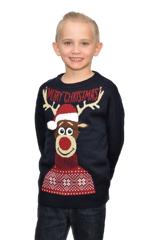 Chłopięcy sweter świąteczny renifer w czapce - granatowy (3)