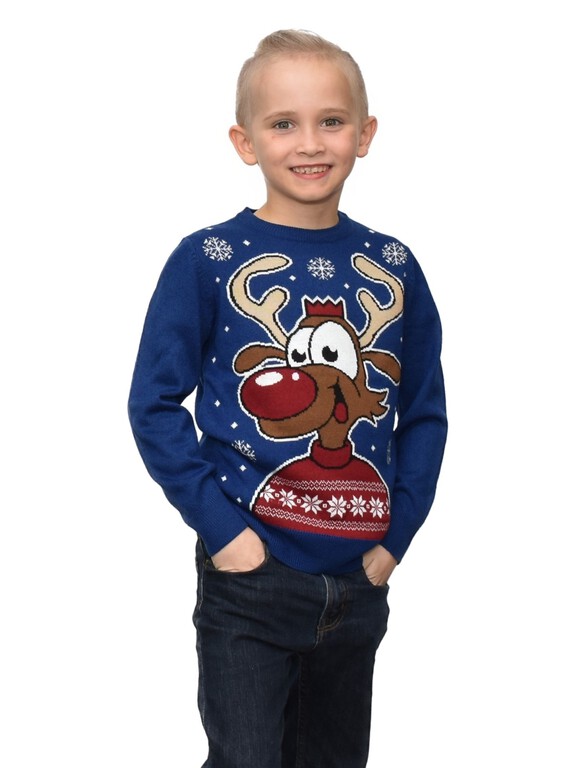 Niebieski dziecięcy sweter świąteczny z LEDAMI i reniferem (3)