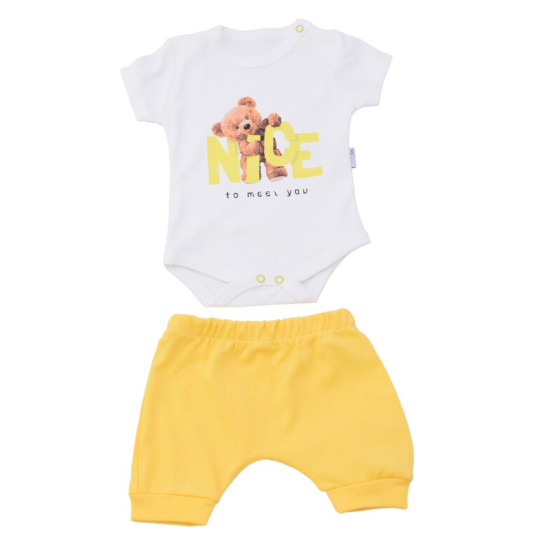 Komplet dla niemowlaka body z krótkim rękawem i krótkie spodenki - kolor żółty
