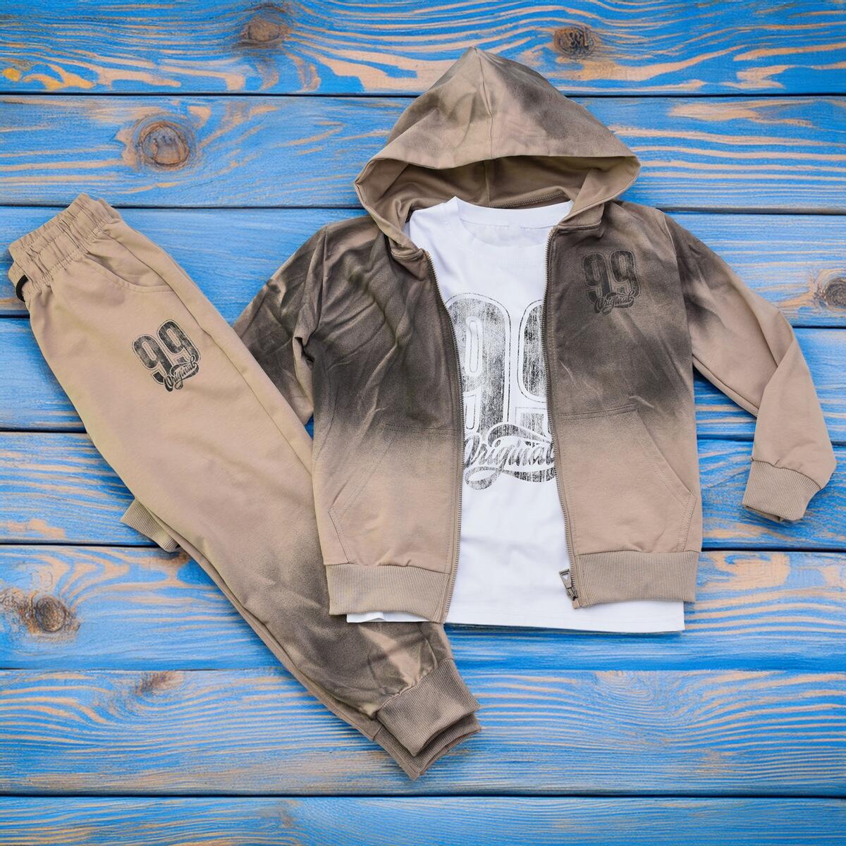 Dres Chłopięcy 3-Częściowy Beżowy – Bluza, Spodnie, Koszulka (3)