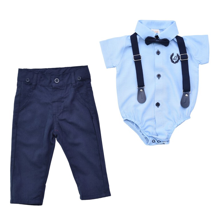 Niebieski komplet niemowlęcy spodnie body mucha szelki  (1)